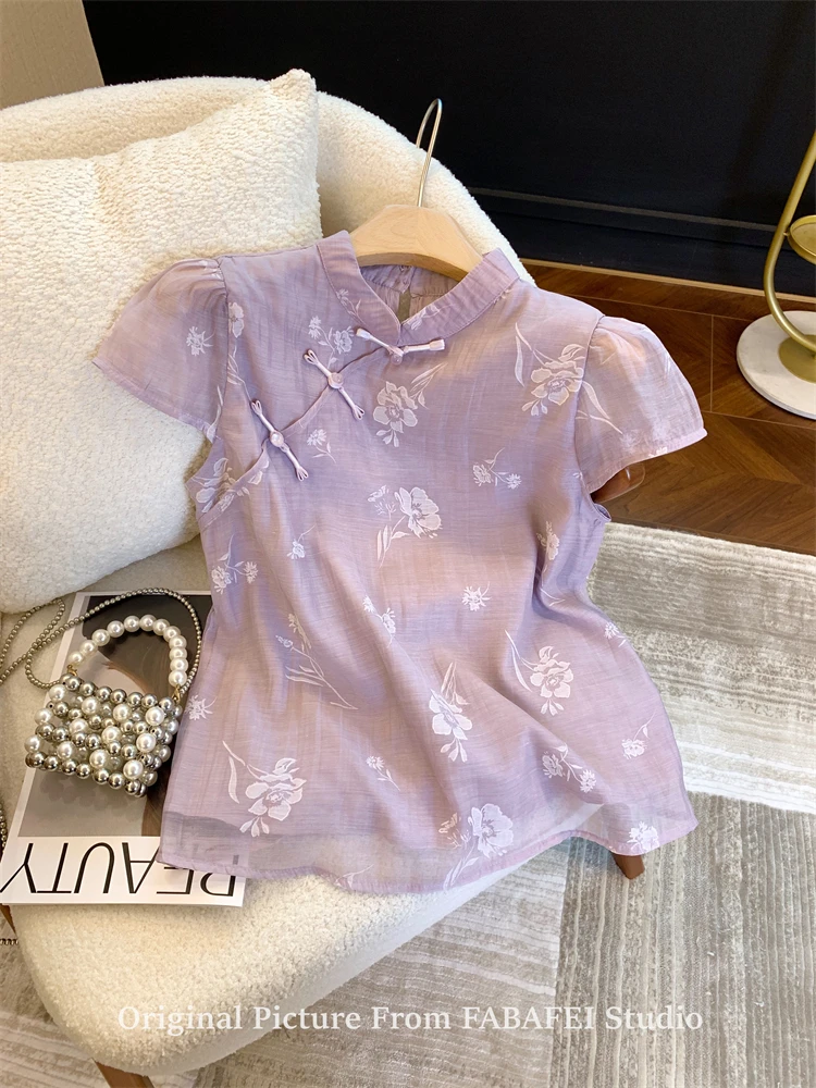 夏季新中式复古小众泡泡袖衬衫女禅意盘扣旗袍领小衫斜襟薄纱上衣