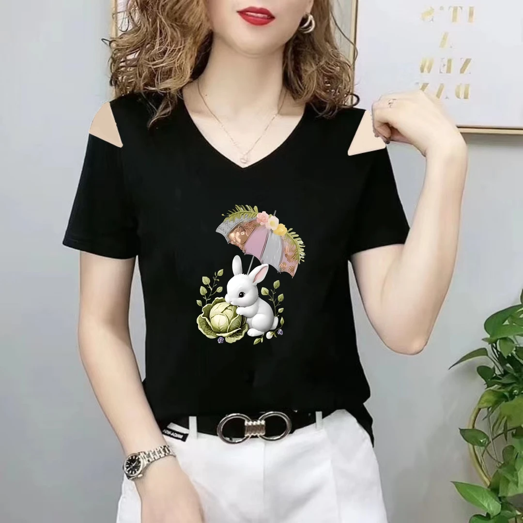 新款短袖t恤女夏季女款黑色显瘦洋气上衣服v领百搭时尚修身体恤衫