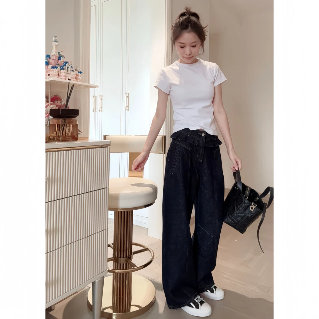 【1216荷叶百褶边牛仔裤】张凯凯-秋季时尚荷叶百褶边女装牛仔长裤