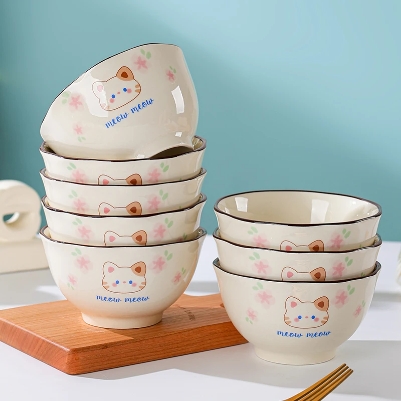 买8个送两个 10个装 荷叶小猫吃饭碗4.5英寸米饭碗网红餐具碗盘
