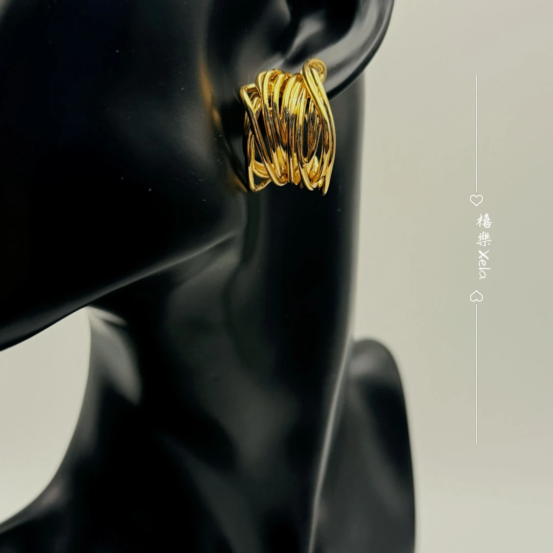 铜合金耳饰 欧美时尚个性百搭冷淡风绕线耳饰法式小众设计高级感