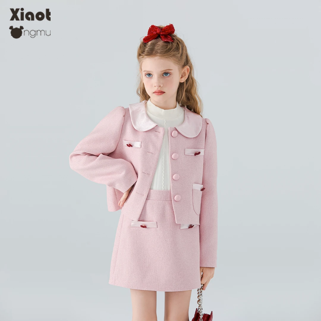 小童木 甜美软萌女童小香风套装秋装2025新款娃娃领外套半身裙套