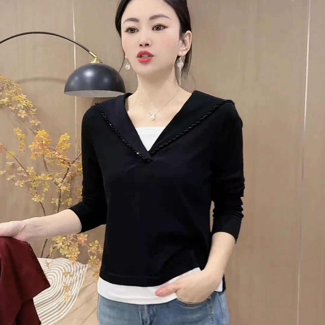 【2511】新品手工钉珠假两件上衣百搭显瘦