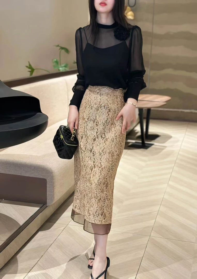 M1595!气质裙摆镂空设计修身显瘦金色半身裙 裙长76 S56319
