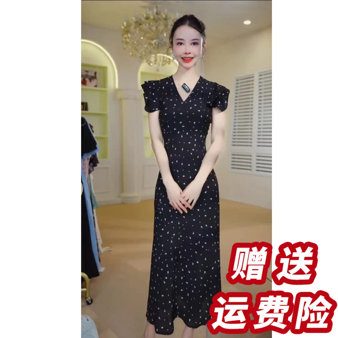 【赠送运费险】波点夏季V领A字裙中长裙连衣裙显瘦中长款A36171