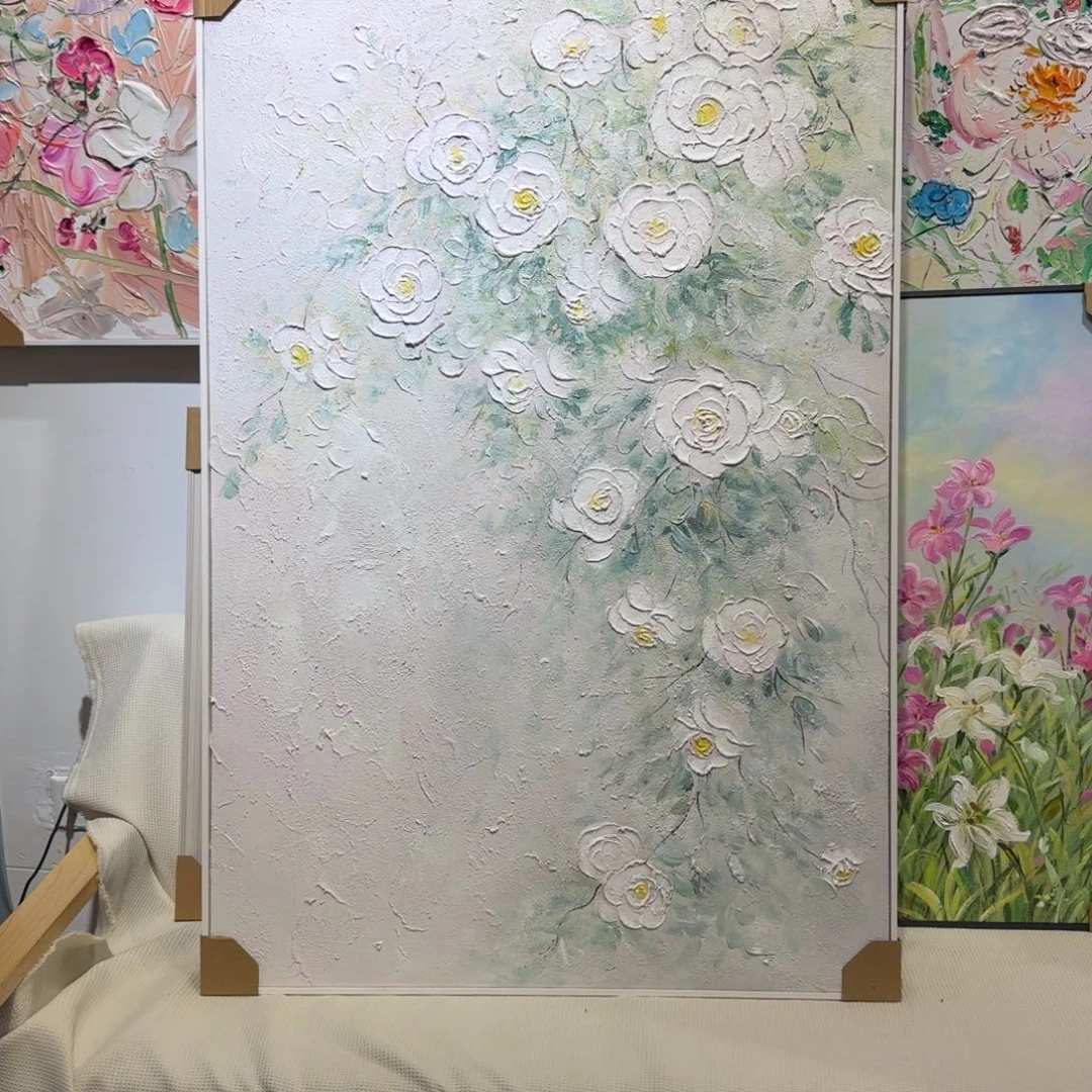 睿***颖横款白色玫瑰手绘油画