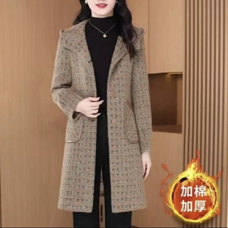 中长连帽单排扣外套女2025年新款秋冬宽松显瘦妈妈毛呢大衣女装