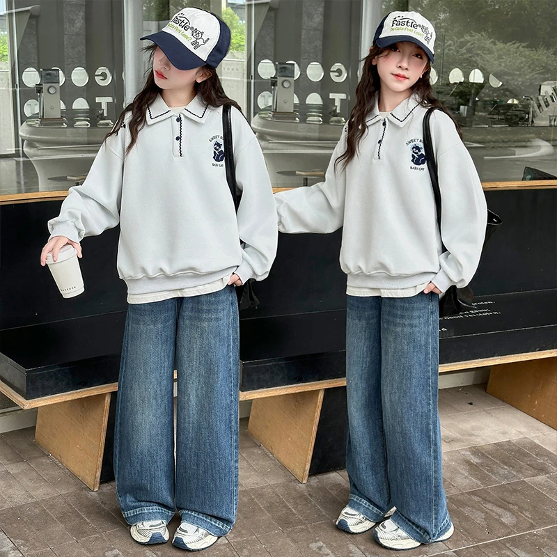 女童秋装卫衣套装2025新款儿童中大童时髦春秋款衣服牛仔裤两件套