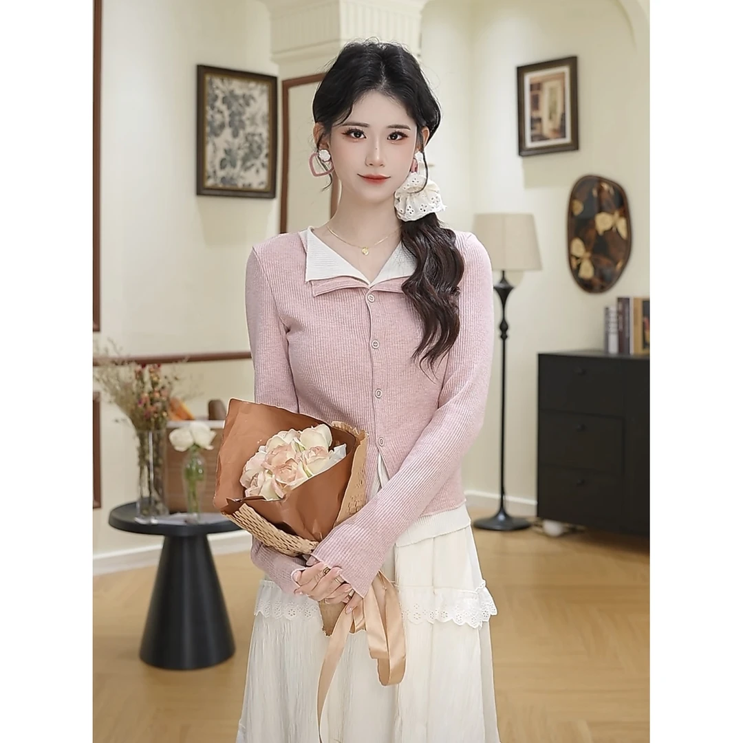 张嘉圆【烟雨】秋冬新款别致拼接修身假两件翻领针织开衫#1265