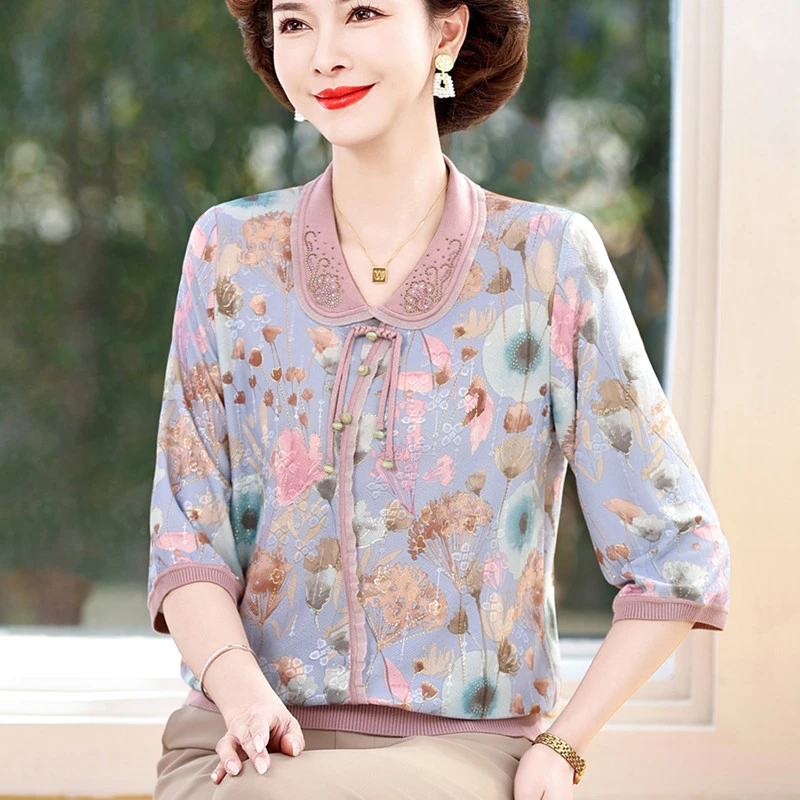 洋气妈妈春装七分袖上衣50岁中老年女夏款中袖翻领T恤冰丝薄小衫