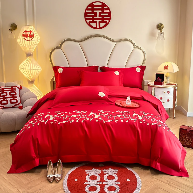 婚庆款-亲肤棉刺绣四件套-高端喜庆新款舒适透气大红色结婚婚被