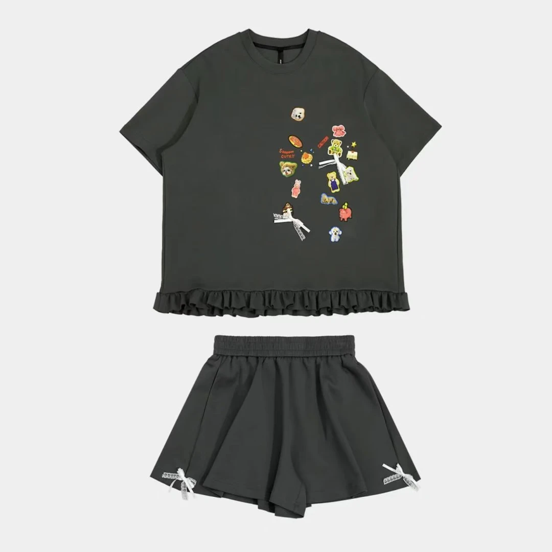 韩系2025年夏季新款设计感小众卡通印花显瘦短袖T恤上衣短裤套装