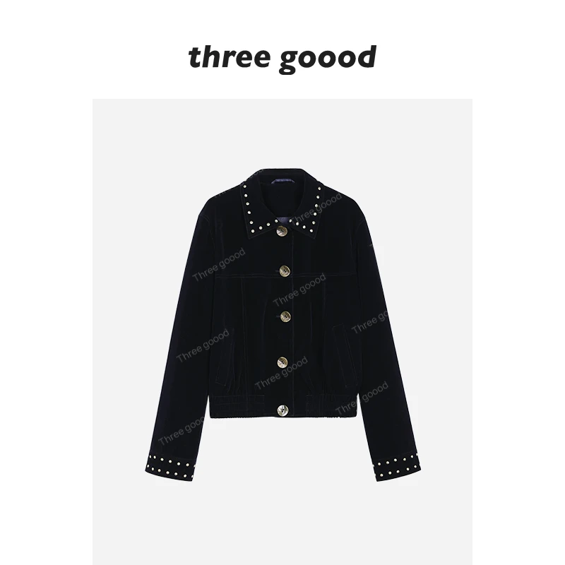 THREE GOOOD/三吉铆钉美式复古五角星贴布丝绒夹克外套Y725T11507