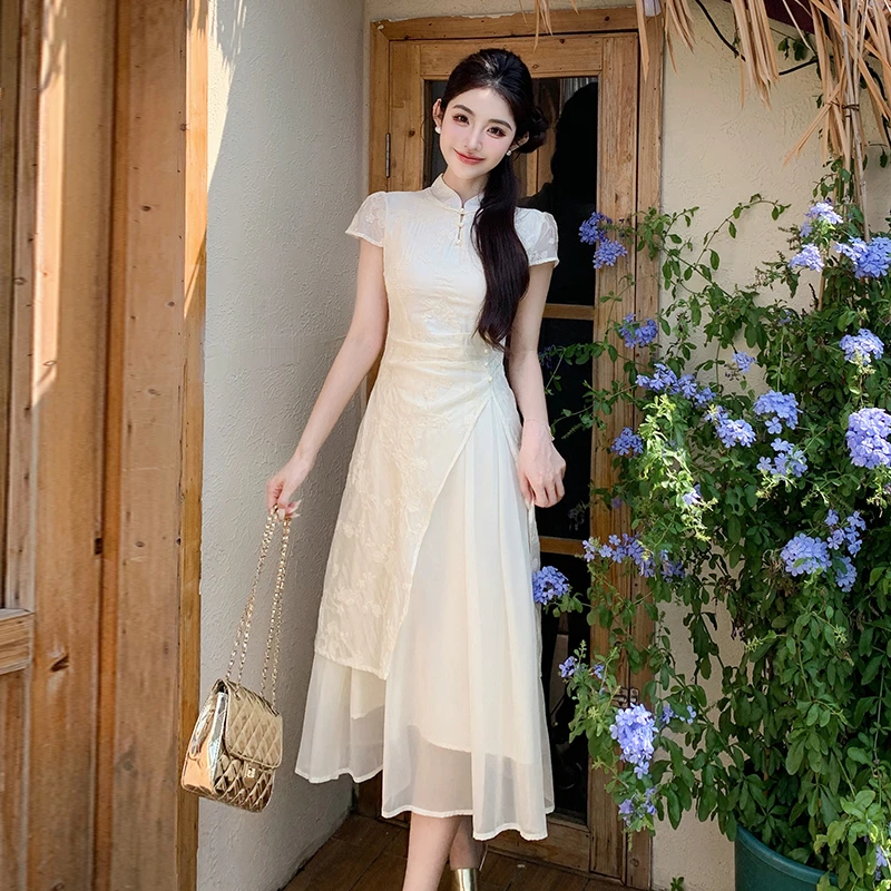 【LIUYI】家新中式改良旗袍长款长裙春夏季白色女装国风新中式女装