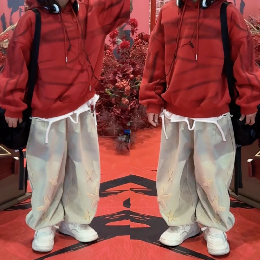 三乐乐家儿童高街黄泥染冬款加绒新款牛仔裤宽松小众XXX长裤