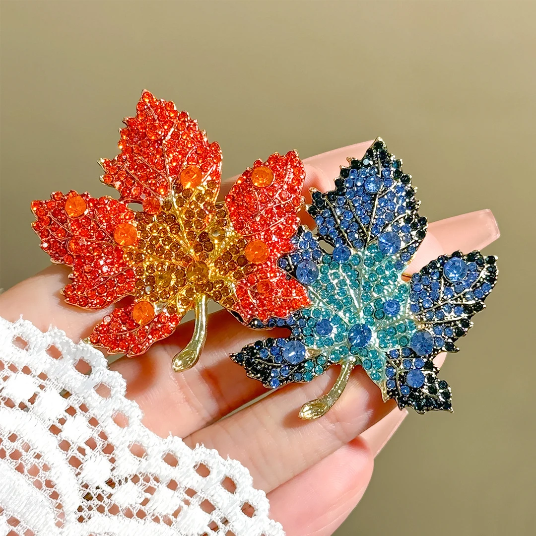合金仿水晶胸针 满钻一叶暴富枫叶胸针高级感优雅气质相思叶别针