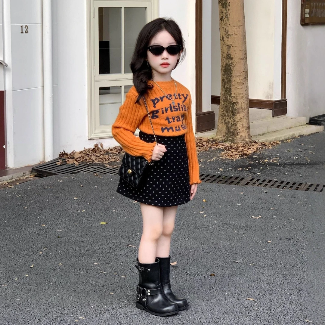 女童秋装韩版洋气字母针织衫毛衣儿童时尚波点短裙两件套