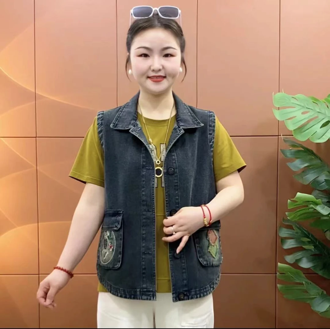 《专柜品质》夏季气质时尚洋气复古牛仔无袖马夹外穿百搭妈妈上衣W