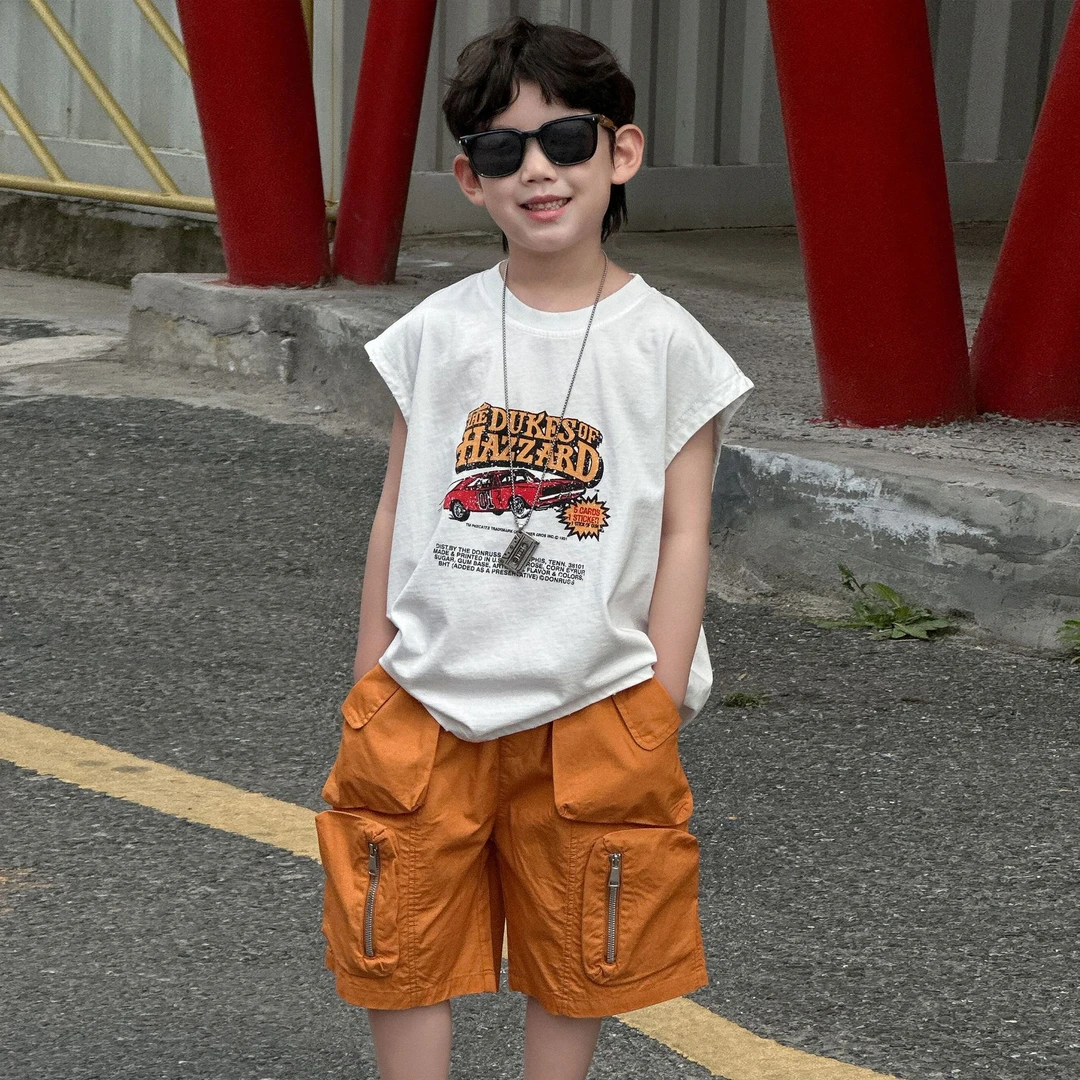 A.MU2025夏季新款男童纯棉短袖t恤儿童夏款上衣帅气无袖童装男孩