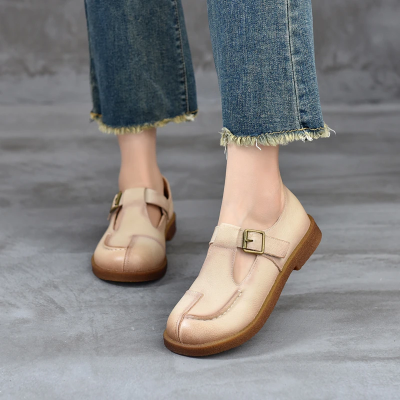 民族春季修面皮单鞋妈妈鞋软底复古乐福鞋百搭厚底豆豆鞋牛皮扣带
