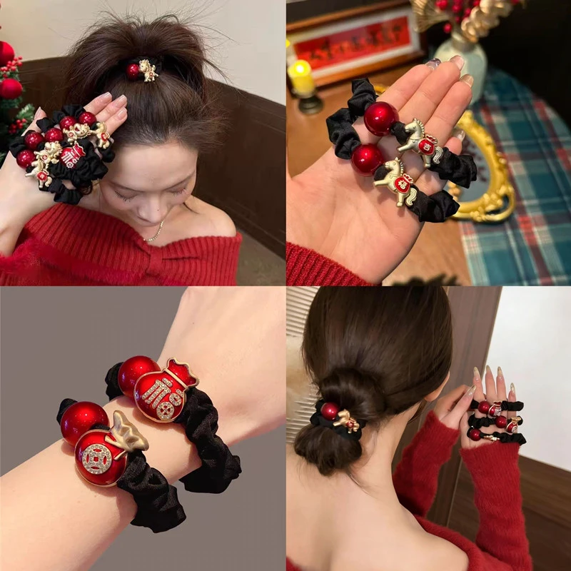 本命年喜庆红色卡通马珠子牛奶丝发圈2026新年气质高弹力头绳发饰