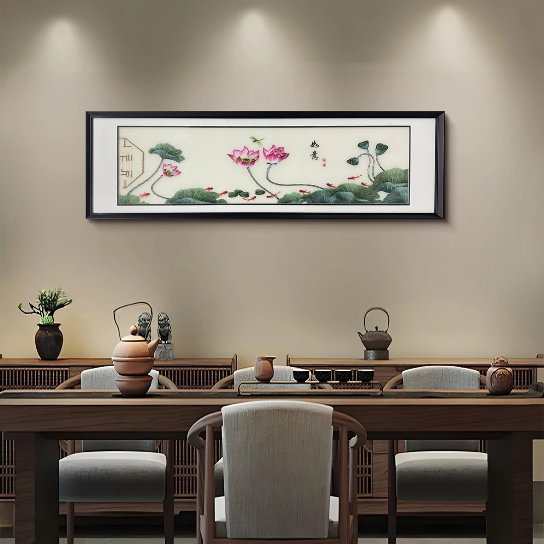 益师傅中式实木框装饰画适用于办公室书房茶室客厅刺绣荷花40150