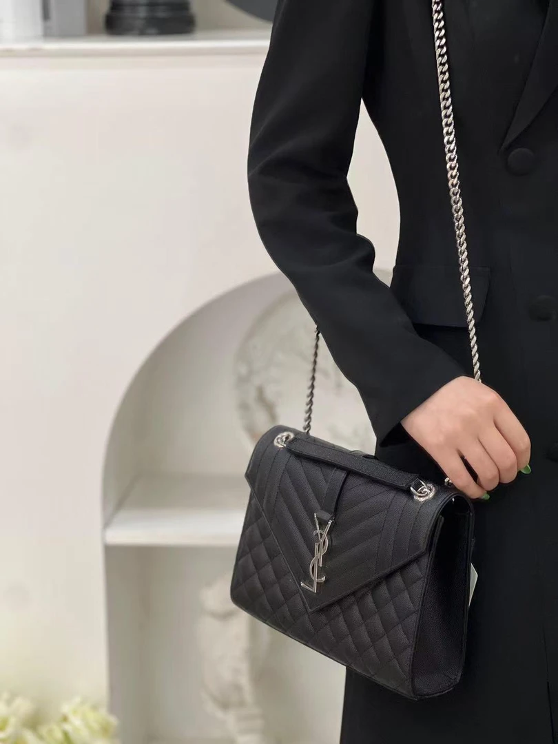95新 YSL/圣罗兰 新款信封中号黑银/98新/优选