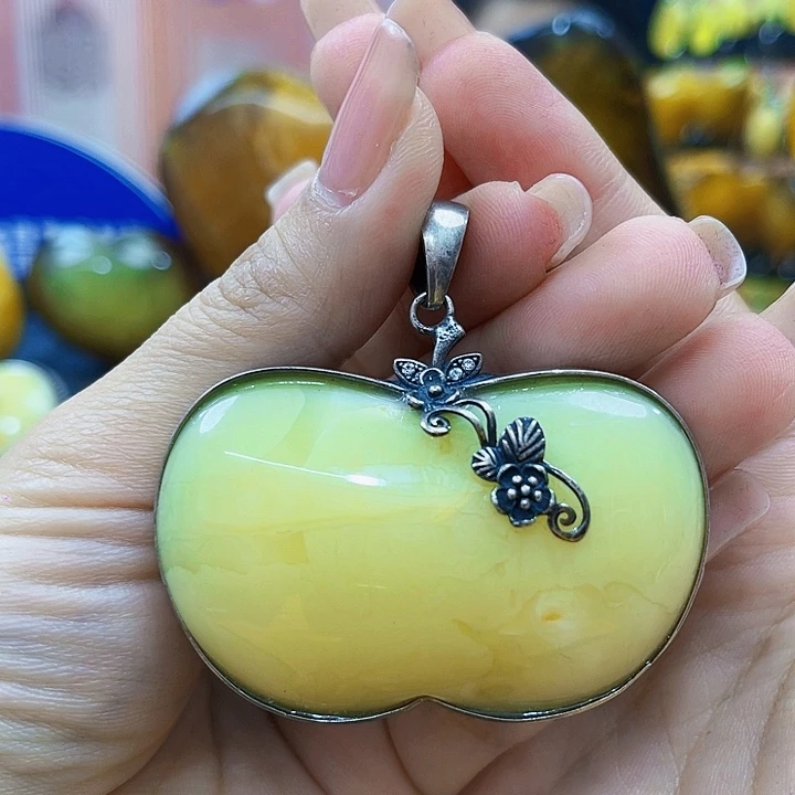 琥珀银S925镶嵌戒指吊坠