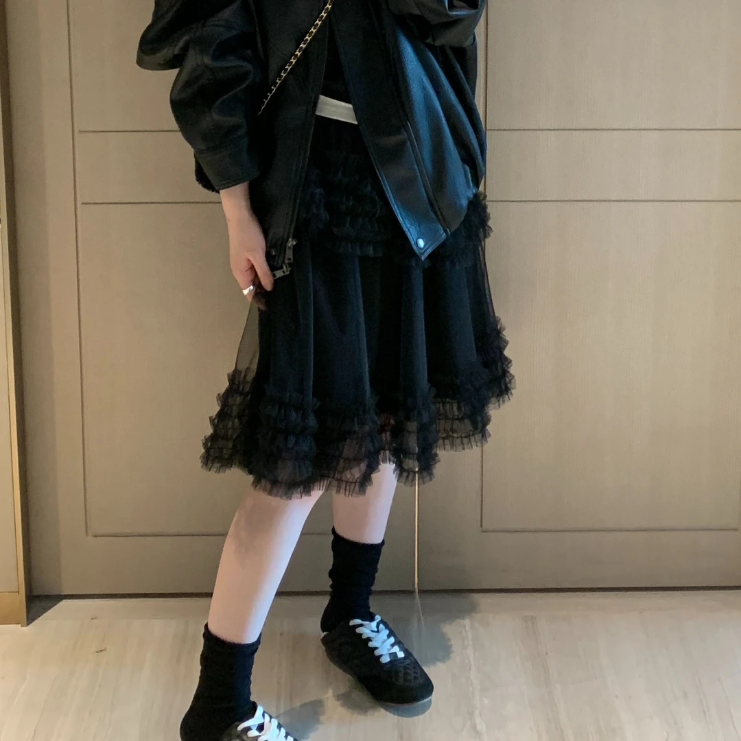 韩系木耳边拼接网纱裙2025春秋款纯色蛋糕裙显瘦百搭半身裙