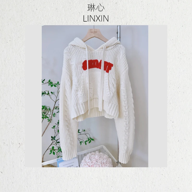 丨早秋宽松休闲撞色字母刺绣长袖连帽针织衫 7896