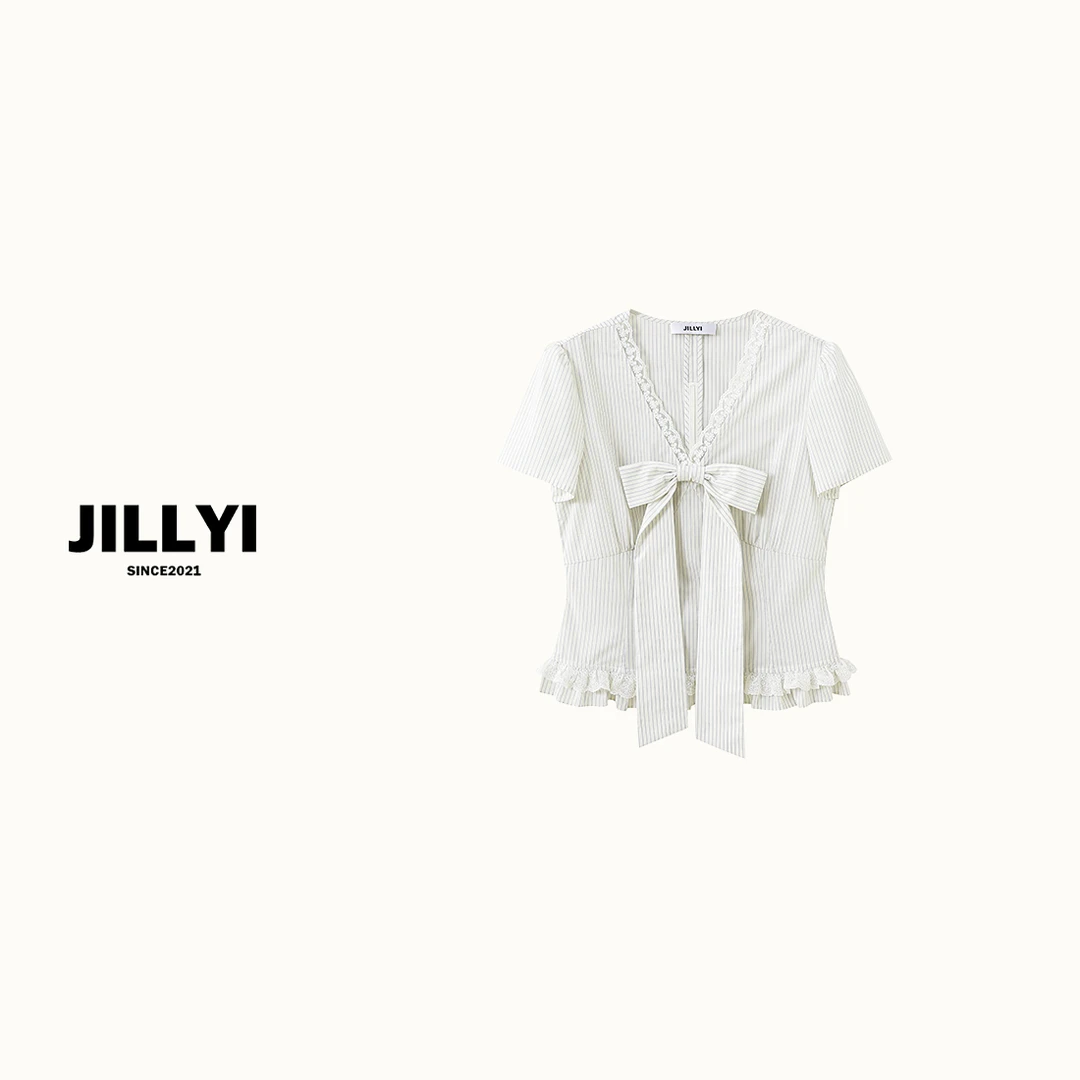 JILLYI南山店【晴天纯白】白色V领蕾丝拼接竖条纹时尚纯欲风百搭衬