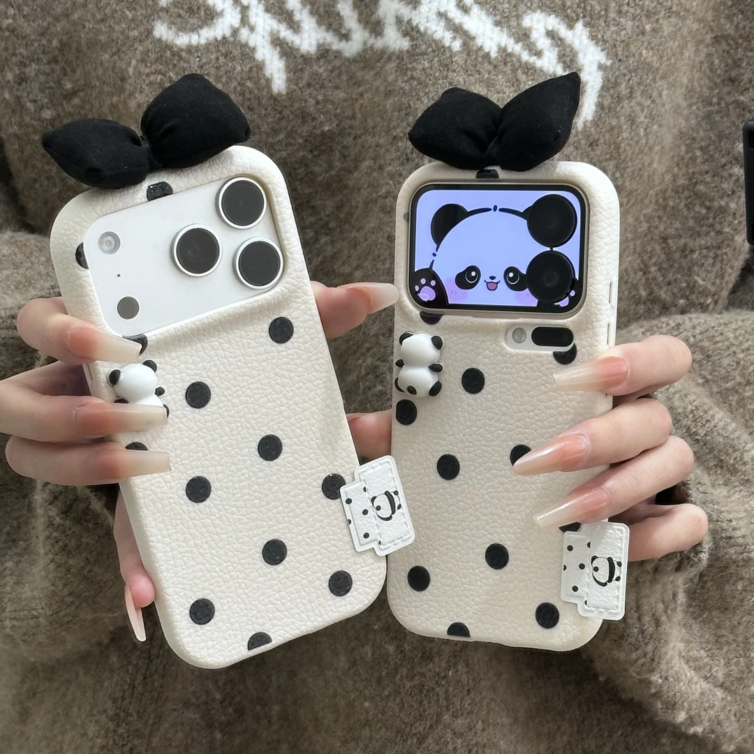 欧克里里波点熊猫蝴蝶结标签适用苹果17/16手机壳华为vivoppo小米