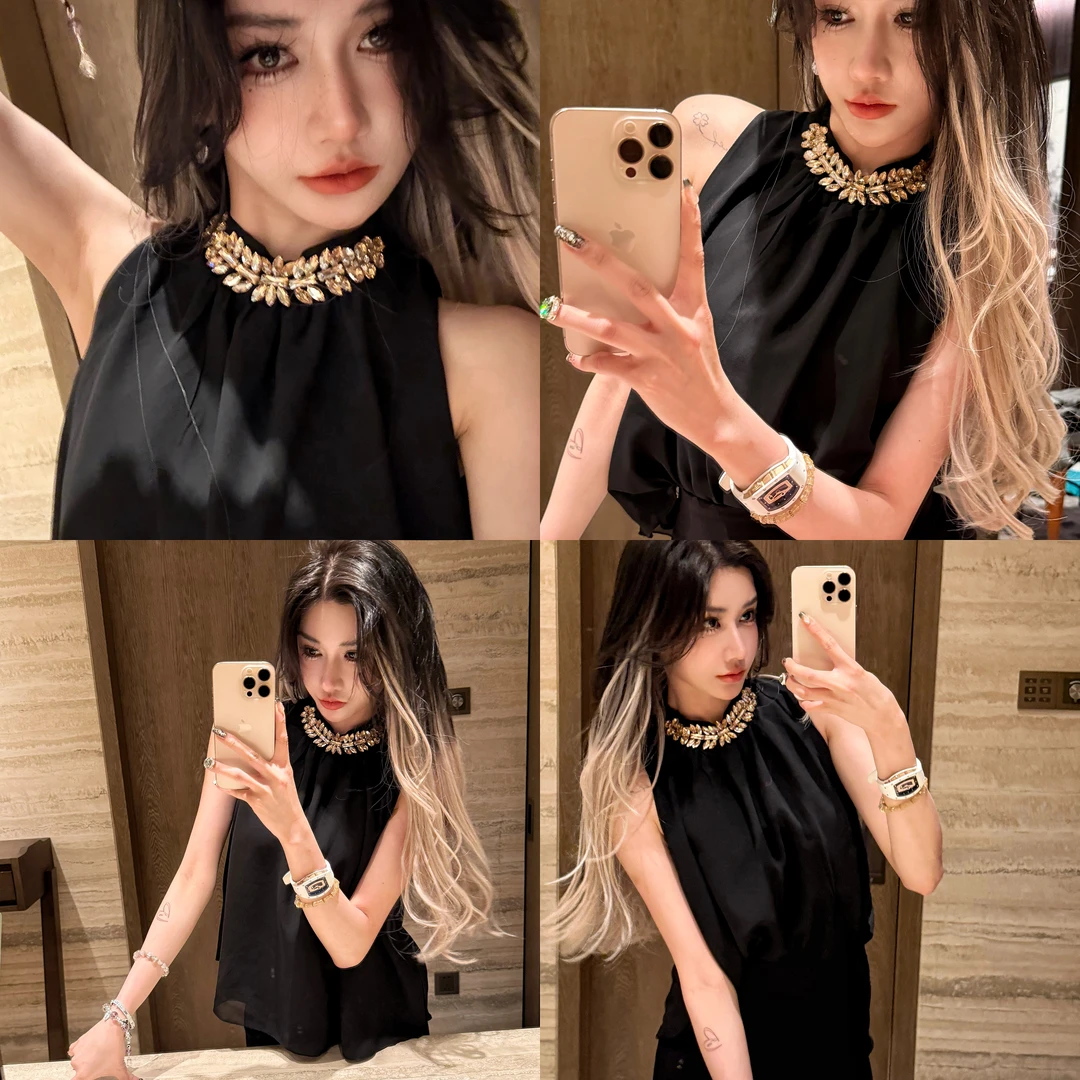 重工钻链黑色挂脖无袖雪纺宽松上衣