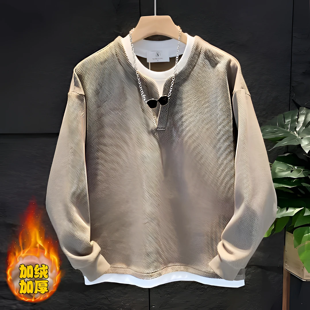 长袖t恤男新款韩版潮牌假两件上衣秋冬宽松加绒加厚圆领卫衣纯色