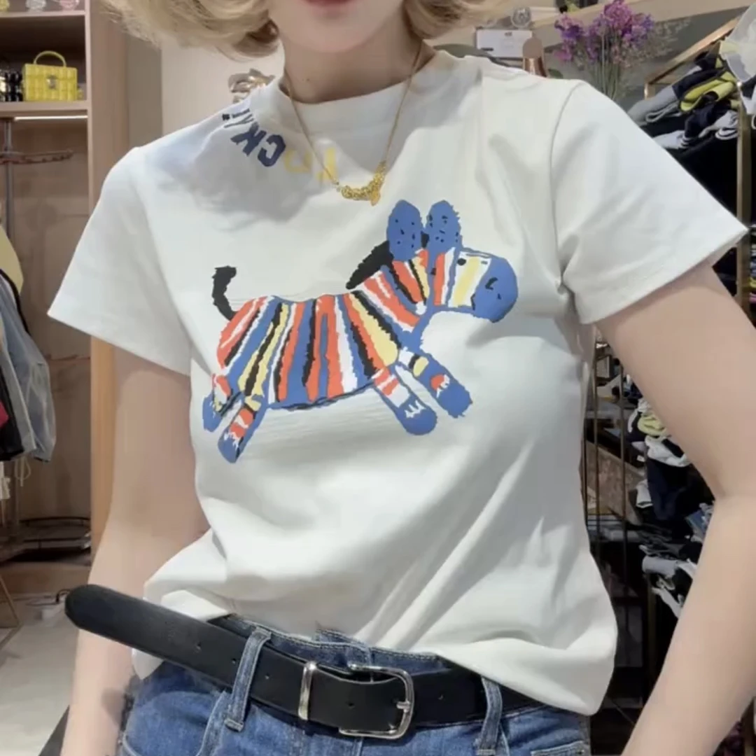 INS风常规圆领修身型印花短袖T恤时尚白色韩版ins夏季