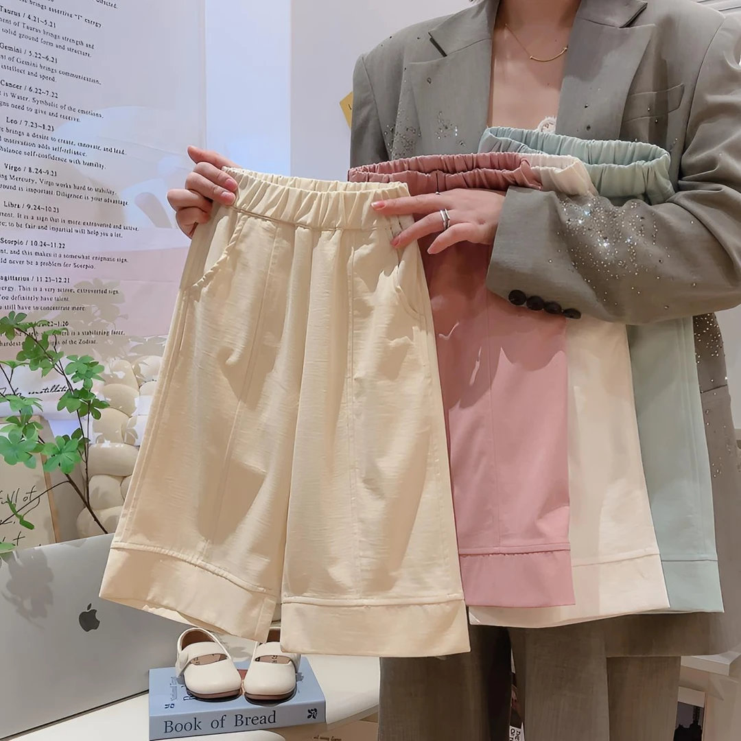 女童夏季7分裤2025新款洋气中大童百搭多巴胺色韩版休闲阔腿中裤