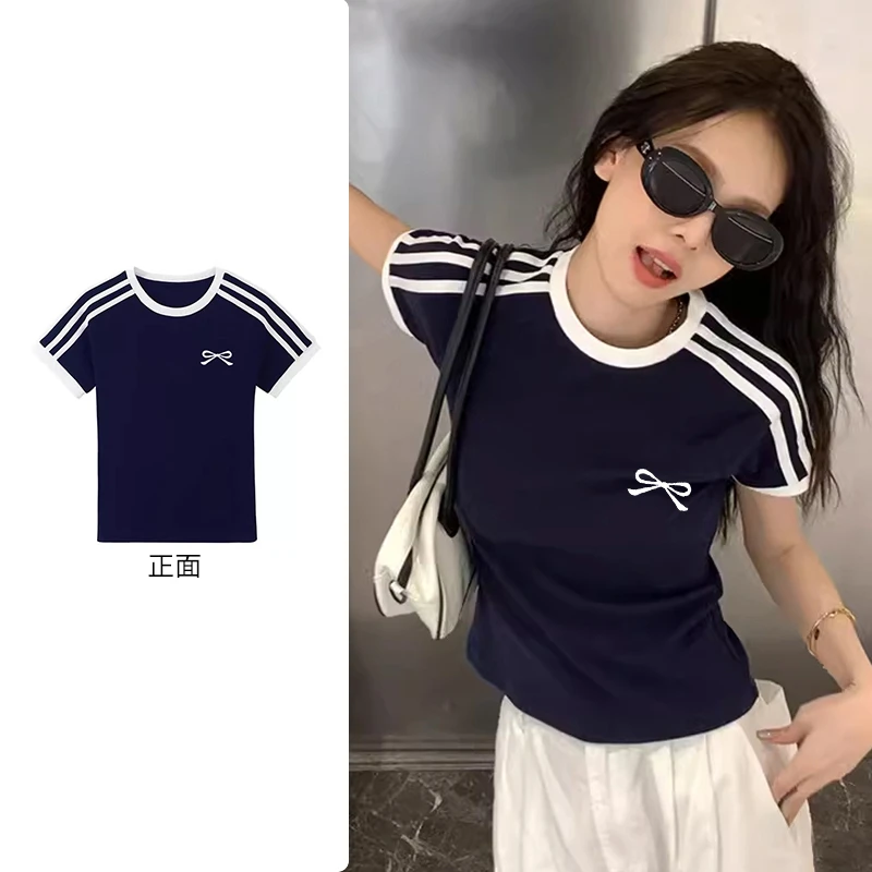 美式高街短袖T恤女修身正肩显瘦洋气设计感小众圆领棉上衣#Z738