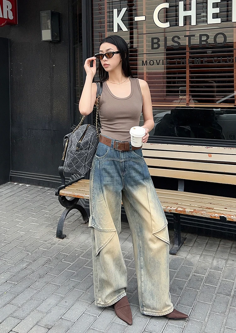 宽松深色牛仔裤高腰薄款夏季百搭裤子ins泥染渐变废土直筒阔腿裤