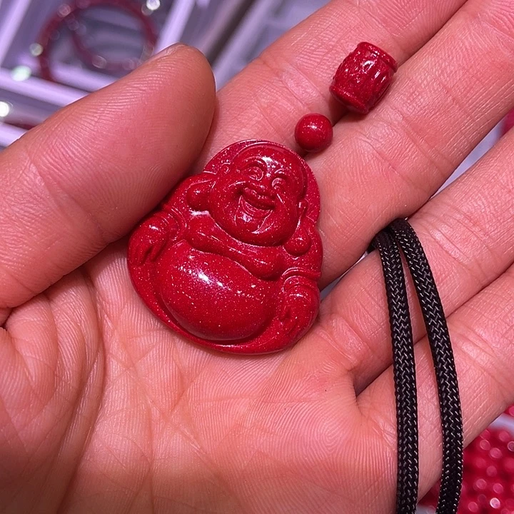 天然辰砂红金砂佛公吊坠