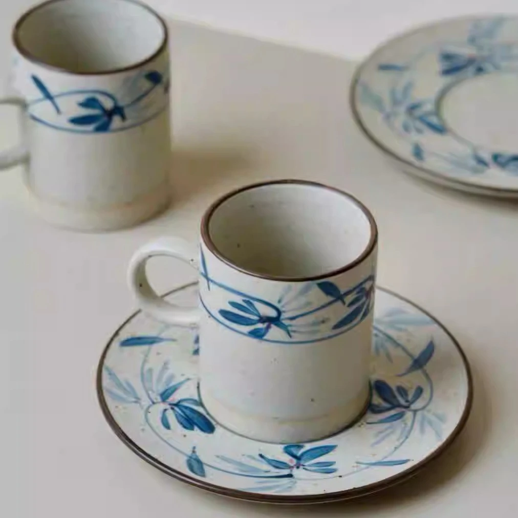 手作粗陶青花常春藤咖啡杯奶杯猪口杯复古点心碟定制杯碟耐高温