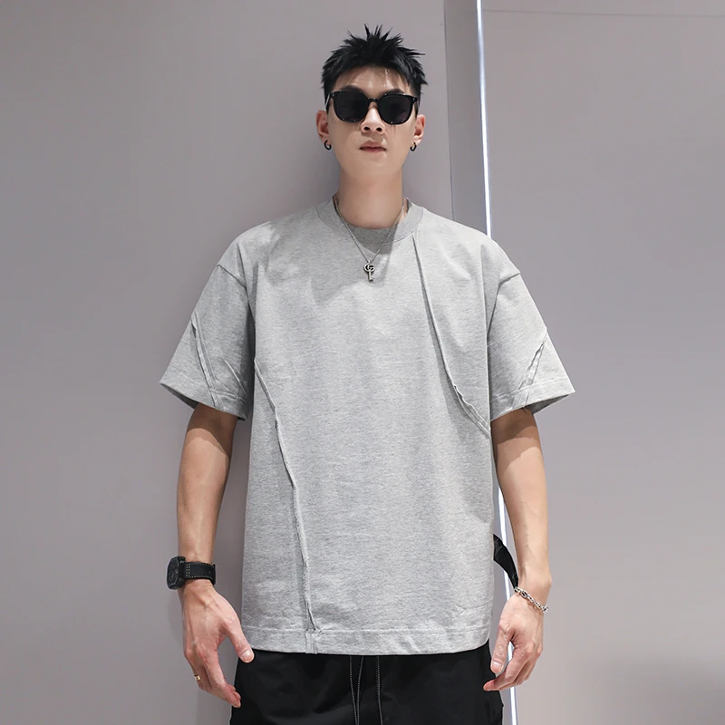 有术压褶重磅小领口短袖T恤男士夏季2025新款潮牌设计感小众5分袖