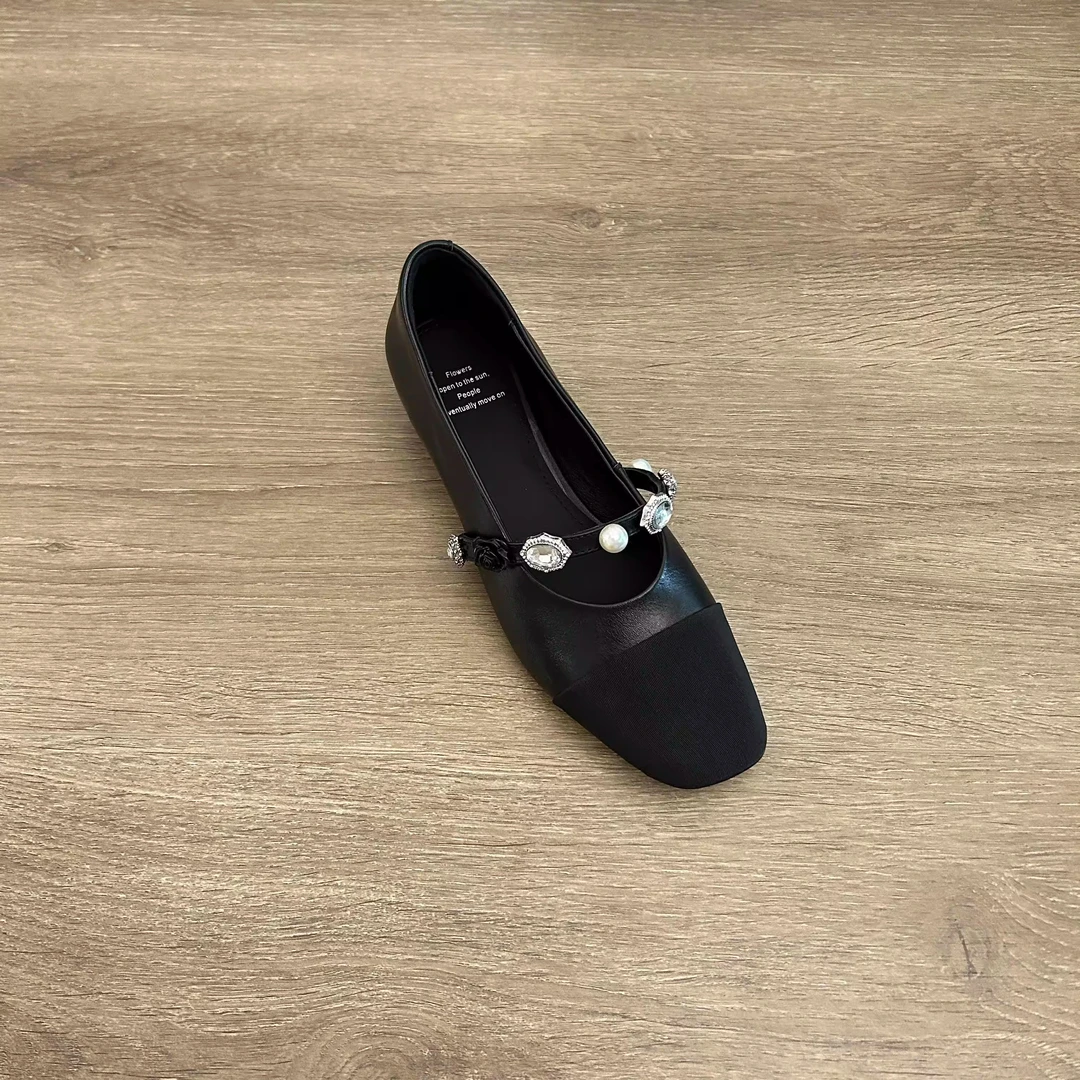 Dannyfrey复古优雅方头小众浅口玛丽珍鞋一字带拼接小香风单鞋