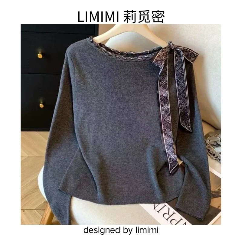 韩系设计感绑带圆领针织衫上衣女气质显瘦早秋套头时尚休闲