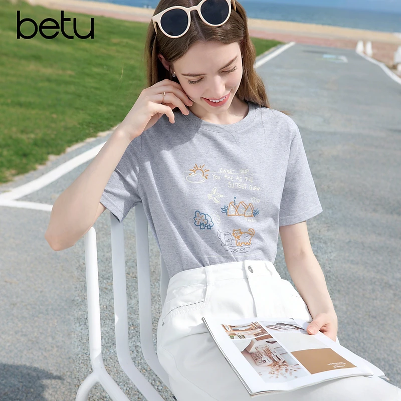 Betu/百图2025年夏季新款时尚百搭休闲宽松韩版圆领T恤2505X10