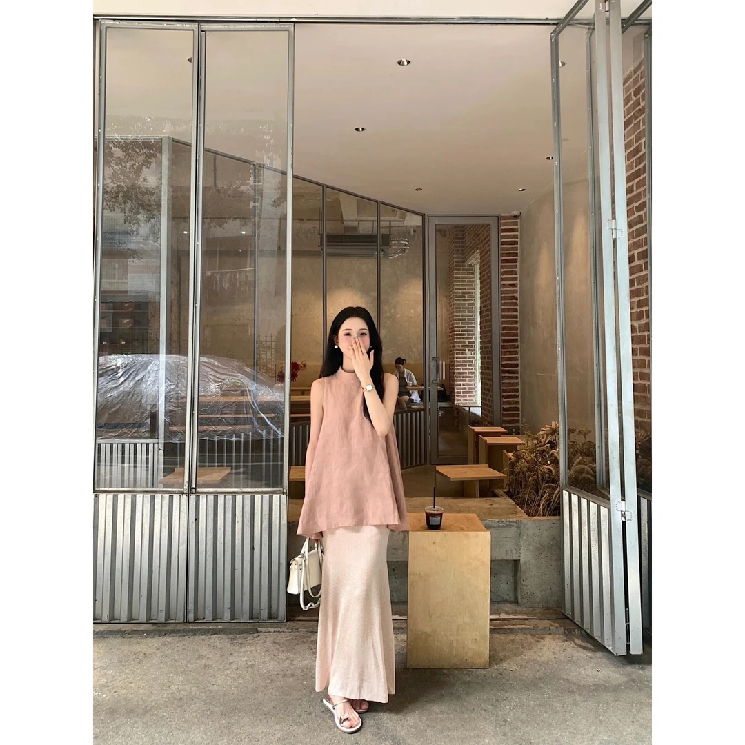 MARIE.COCO法式简约气质无袖开叉上衣女温柔修身包臀长裙两件套装