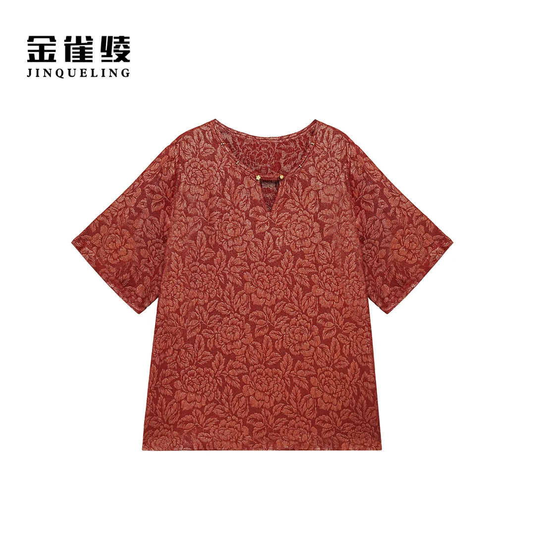 金雀绫【胭脂红】桑蚕丝冠乐绉工艺大码设计款小衫SZA2S330