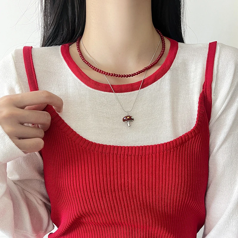 钛钢亚克力项链 @APRIL小众复古安可拉红串珠蘑菇项链女甜酷百搭