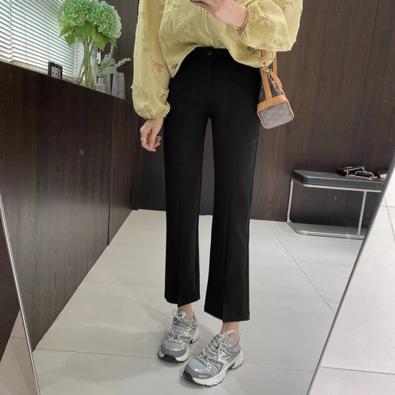 IMFLY金小金自制女装 休闲裤DYK2621黑色显瘦气质开衩微喇九分裤