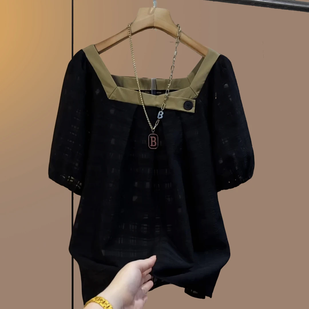 大码女装胖妹妹夏季常规宽松型方领气质大码极简风气质显瘦短袖