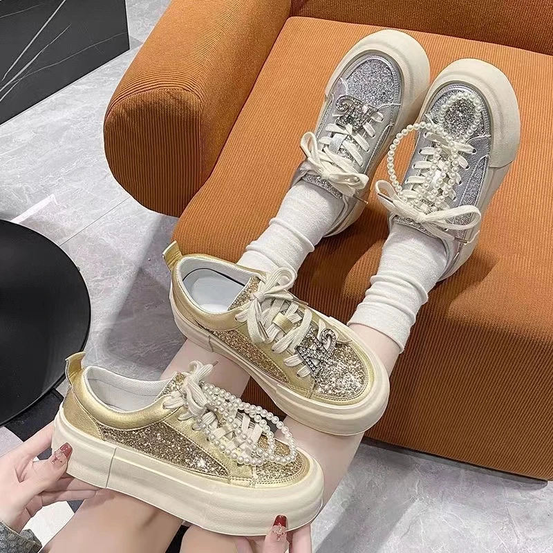 厚底板鞋女款新款春款女鞋爆款百搭小白鞋女银色运动休闲鞋子